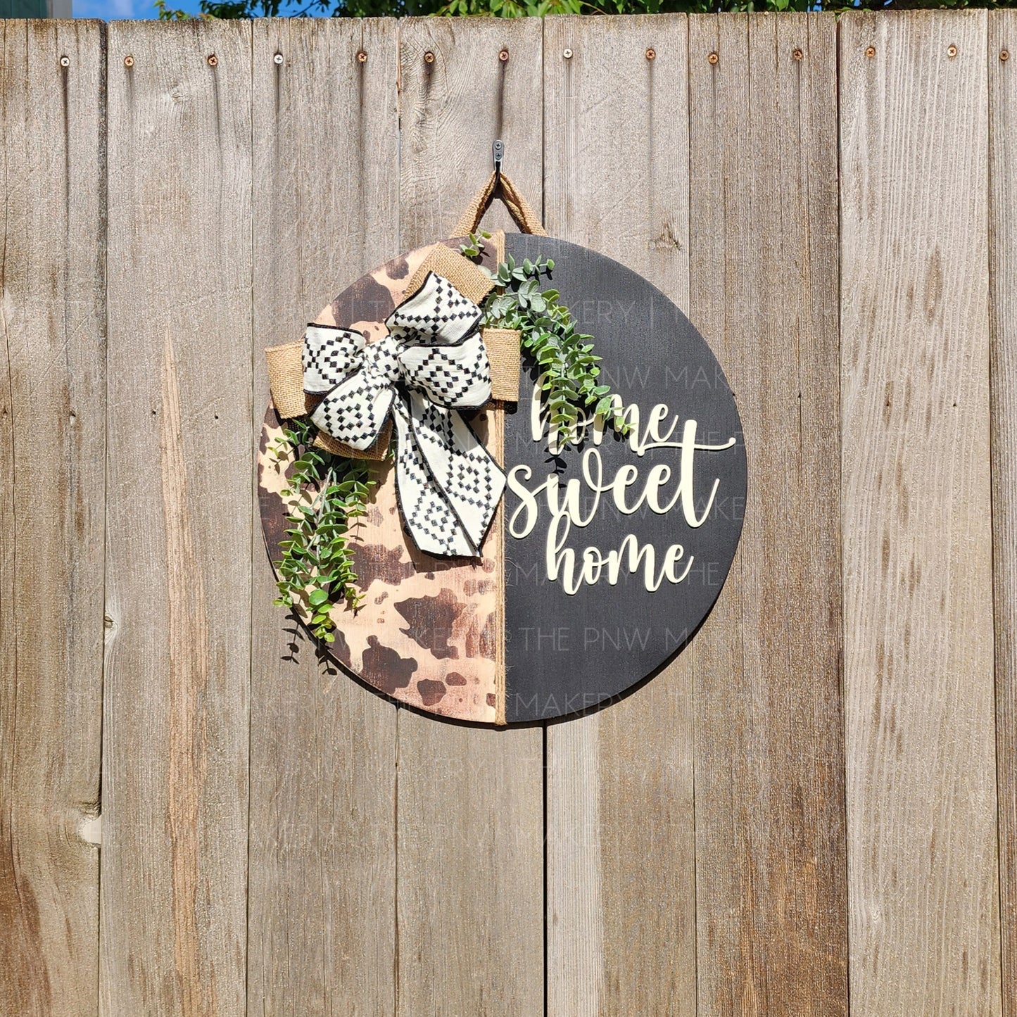 Door Sign - Home Sweet Home Cow Print - 16"